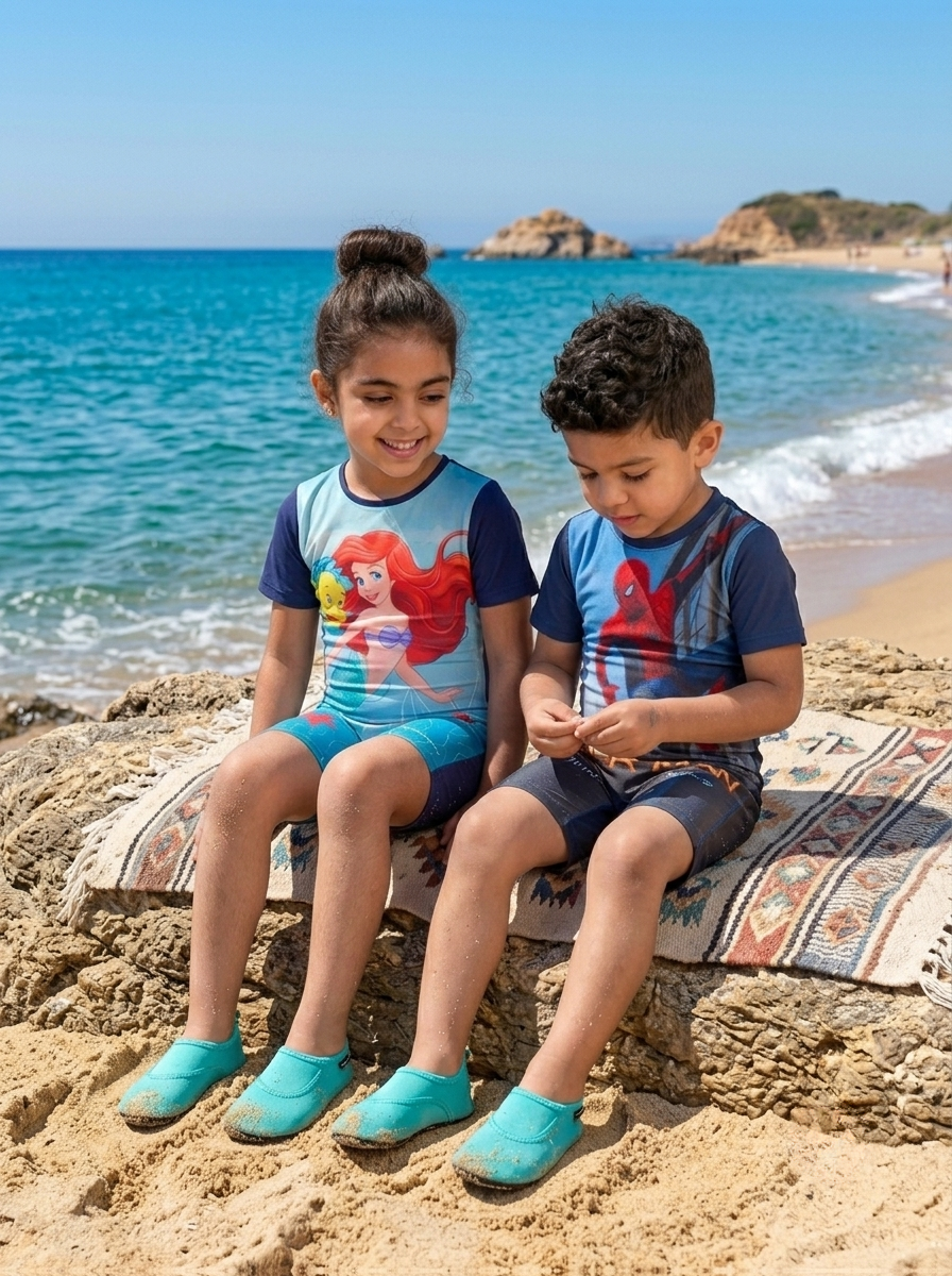 Kid sitting on the beach in a Shark swim suit