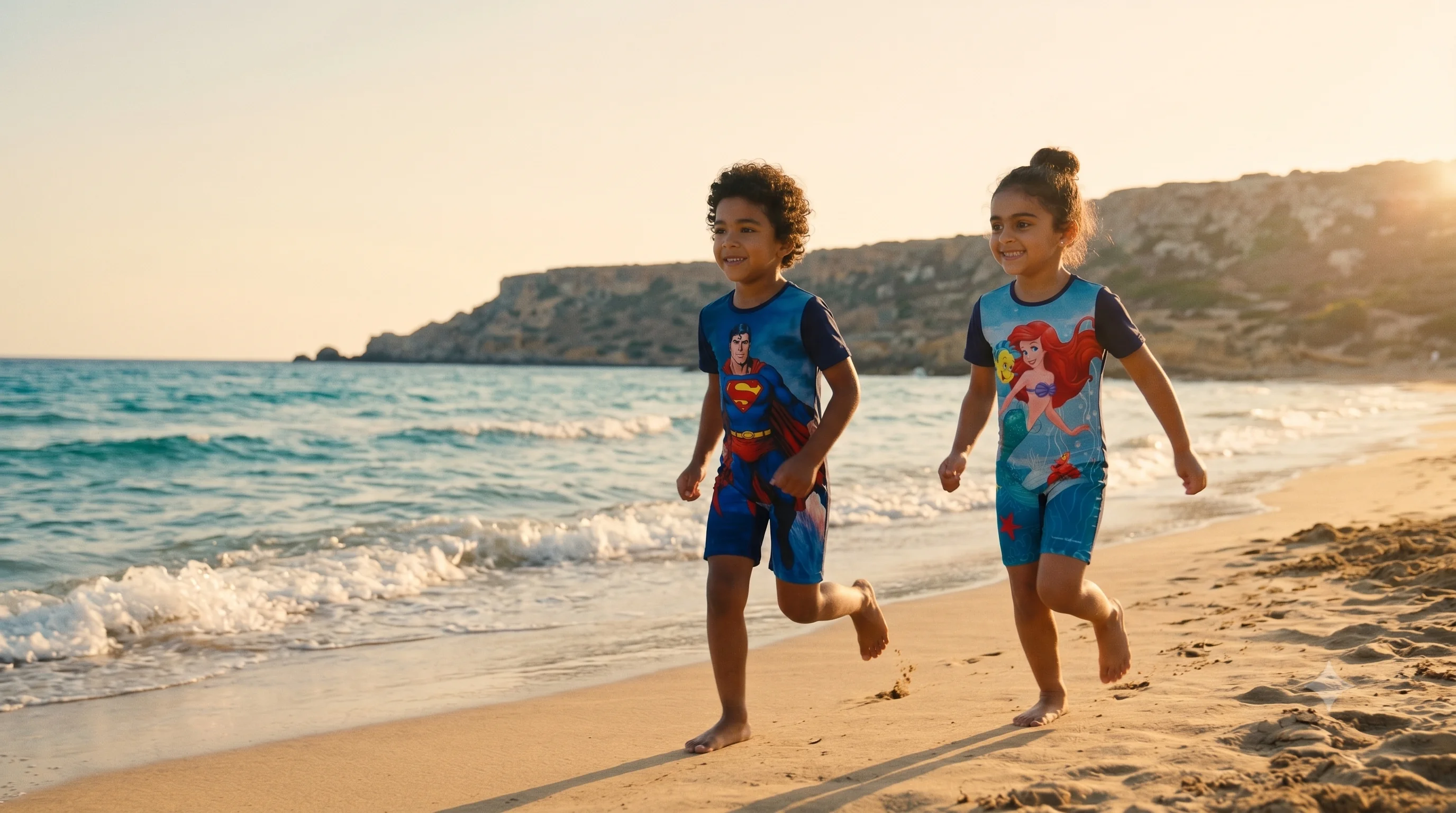 Two kids running along a Mediterranean beach in matching Shark swim one-pieces