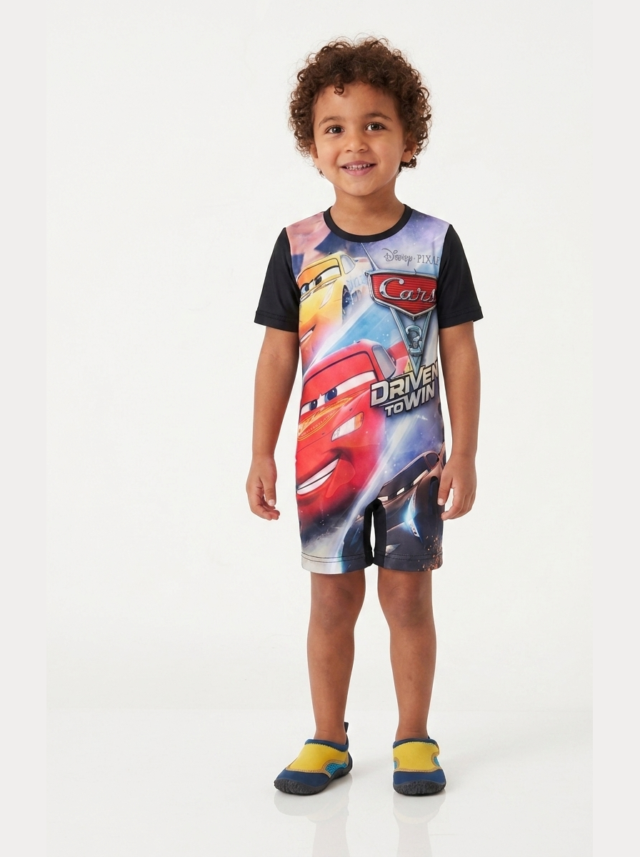 Young athlete wearing the Lightning McQueen swimsuit